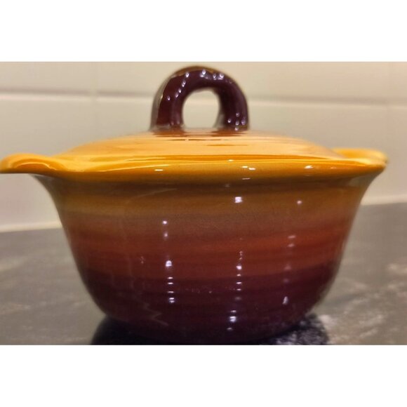 Vintage Maddux Of California Small Ceramic Lidded Casserole Dish Brown & Orange - Picture 1 of 3